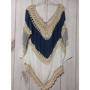 Arianna‎ Shirt Ladies Large Blue Tan Crochet Sheer